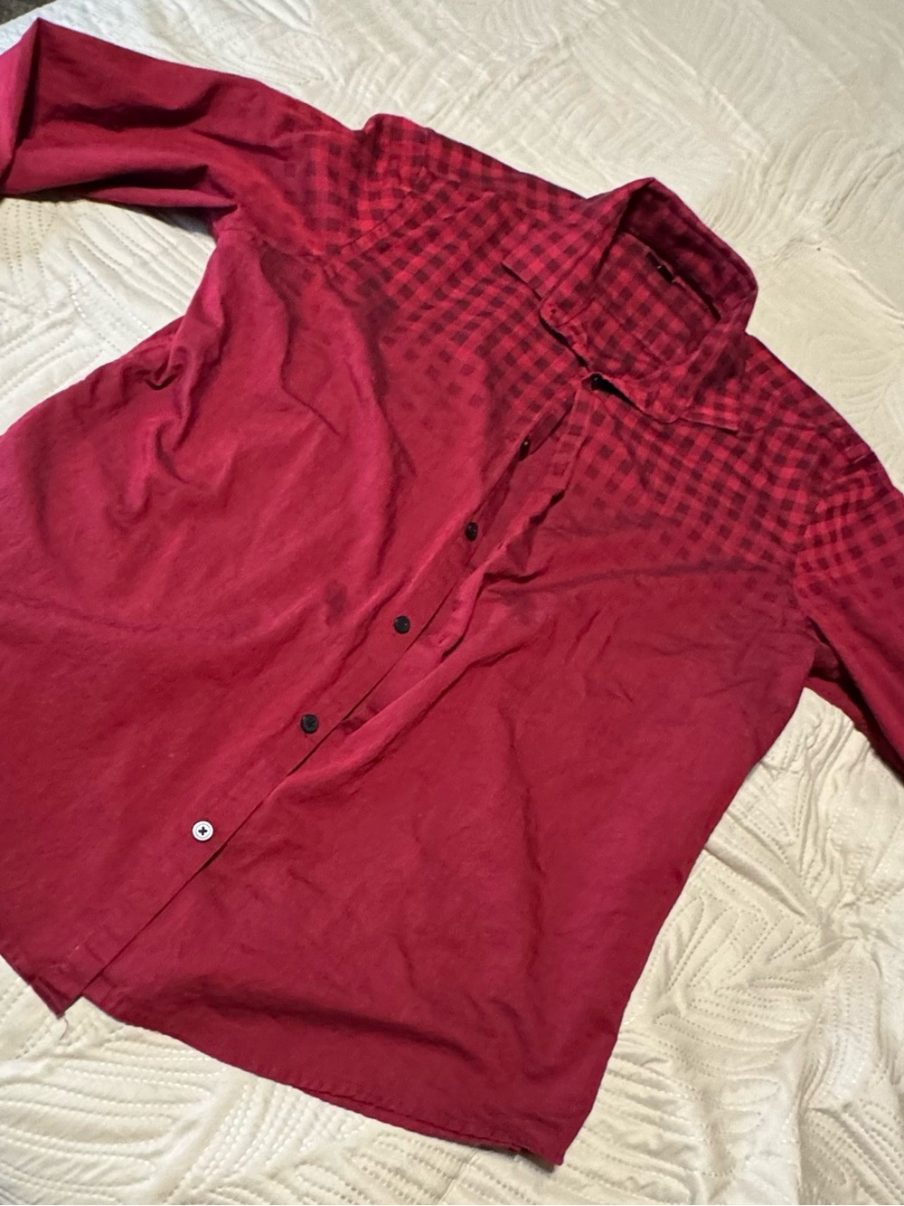 Alfani Men's Deep Red Button-Down Shirt with Check Yoke Large